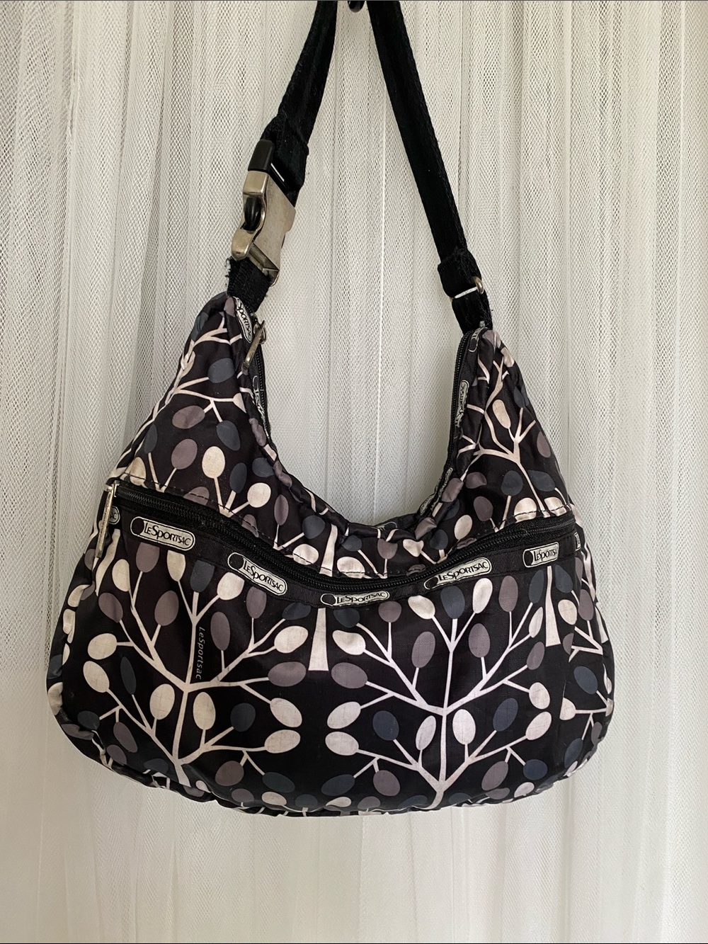 Lesportsac Black Shoulder Bag with Gray and Cream Leaf Motif